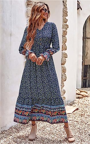 PRETTYGARDEN Long Sleeve Maxi Dress for Women V Neck Casual Button Down Boho Long Floral Dresses