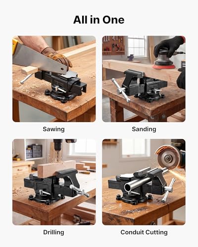 Image of VEVOR Heavy Duty Bench Vise, 4 inch Jaw Width, Multi-Purpose Ductile Iron Bench Vise with Anvil and 360-Degree Locking Swivel Base, 2.24 inch Throat Depth, 4.7 inch Max Jaw Opening, for Drilling, Pipe Cutting