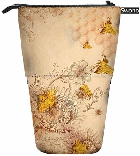 Miniatura 2 de Swono Honey Bees Wildflowers Estuche para lápices Retro Grabado Sombreado Stand Up Estuche Organizador Portalápices Bolsa de Cosméticos para Mujeres