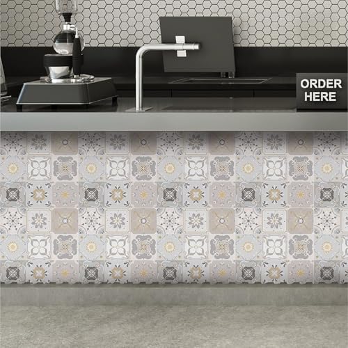 Image of Moroccan Tile Stickers | Waterproof Self Adhesive Peel & Stick Tile Decals for Kitchen Backsplash, Bathroom Wall, Floor, Furniture & Glass (4x4 Inch, Design 73)