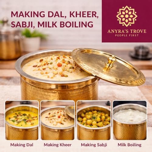 Image of ANYRA'S TROVE Pure Brass Handi with Lid(1.25L) Kalai Coating |Traditional Pital Cooking Pot|Milk Pot|Pital Tope|Tapeli|Handmade Golden Finish Brass Utensil for Home Chefs & Gifting(1250ML)
