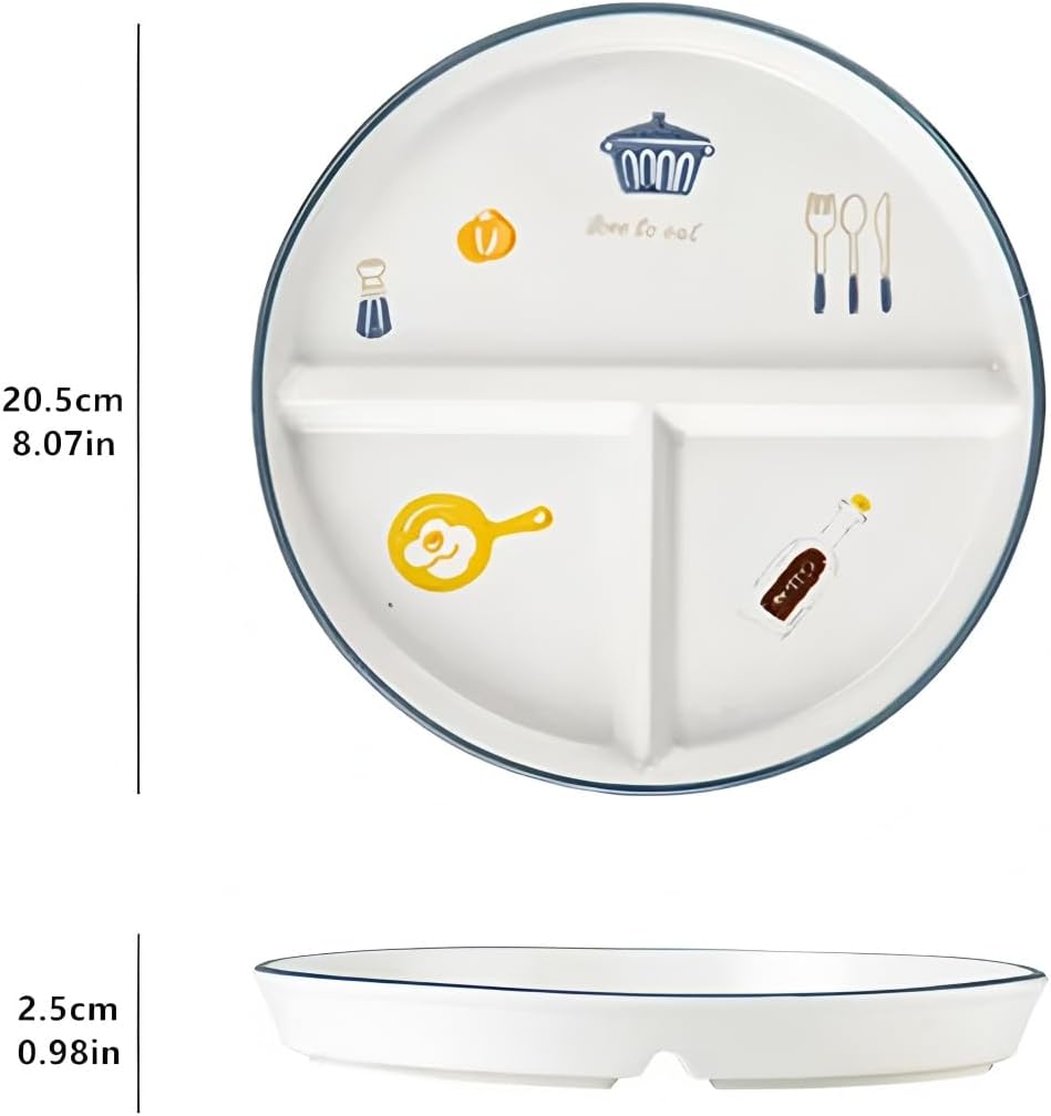 Ceramic Divided Plate, Diet Control Dinner Plate with Cute Tableware Patterns, Suitable for Pasta, Steak, Fruit, Salad and Bread, Microwave Safe