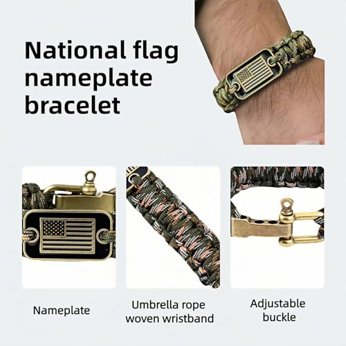 Patriotic Paracord Survival Bracelet for Men - Bronze US Flag Pendant Tactical Gear with Multi-Tool Functions, Adjustable Size (12-25cm), Green Camo Gold Thread Design - Image 3