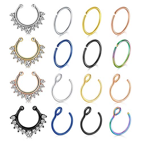 vcmart Fake Nose Rings Hoop 12-16pcs Stainless Steel Faux Fake Lip Ear Nose Septum Ring Non-Pierced Clip On Horseshoe Nose Hoop Rings