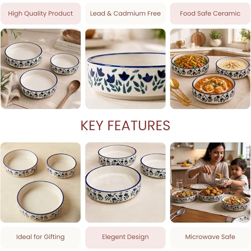Image of The Earth Store Floral Blue Ceramic Platters Set of 3 (7 Inch Each, Different Sizes) - Microwave & Dishwasher Safe Serving Platters for Snacks, Desserts & More