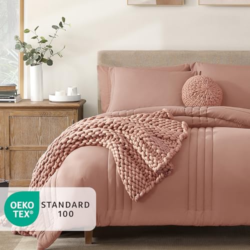 Image of Monbix Full Size Comforter Sets - 7 Pieces Clay Pink Bed in a Bag Full Size Bedding Sets with Comforters, All Seasons Comforter with Sheets, Pillowcases & Shams