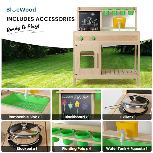 BlueWood Mud Kitchen for Kids Outdoor, Wooden Play Kitchen Set with Sink, Stove, Chalkboard, Montessori Toddler Outdoor Kitchen Playset for Backyard Fun - Image 8