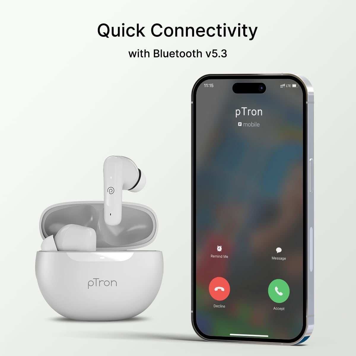 pTron Bassbuds Astra in-Ear TWS Earbuds w/Stereo Sound, 50Hrs Playtime, Stereo Calls, Custom EQ, Mobile App, BTv5.3 Headphones, Touch Control, Voice Assistant, Type C Charging & IPX4 (White) — Amazon image 8