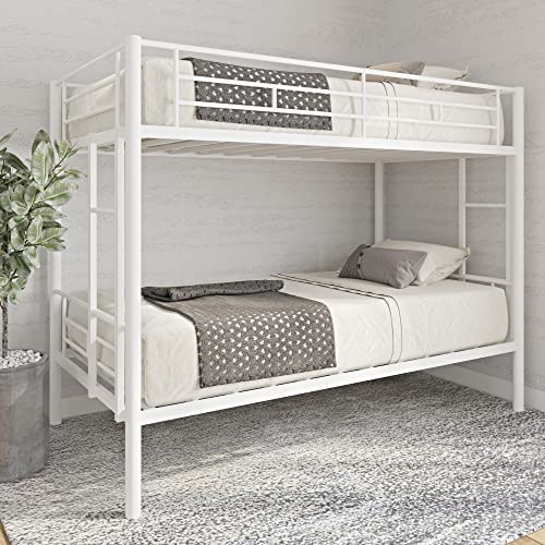 Tensun Twin Over Twin Metal Bunk Bed Frame with Safety Guard Rail and Ladder, Space-Saving, No Box Spring Needed, Noise Free (White)