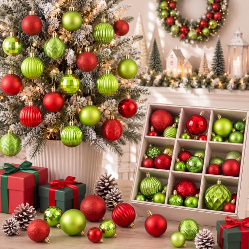 Image of Lunmon 64 Pcs Lime Green and Red Christmas Ball Ornament Green Xmas Bulbs