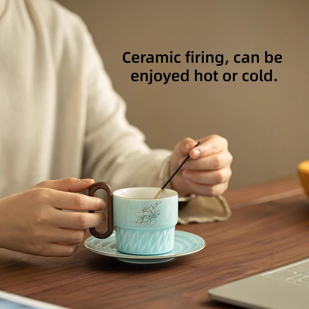 Magnolia ceramiczna filiżanka do kawy 150 ml pudełko prezentowe nowy chiński styl drewniany uchwyt wyciągany kubek na kwiaty, spodek i łyżka zestaw na prezent