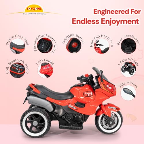 Image of Toyzone Impex Pvt Ltd Roach Ev M Bike Red | Rechargeable Bike 6V | Powered by 6.5 Ah Battery | Music Player with Bluetoooth & USB | 6 Month Battery Warranty | Make in India | for Kids 2+ Years