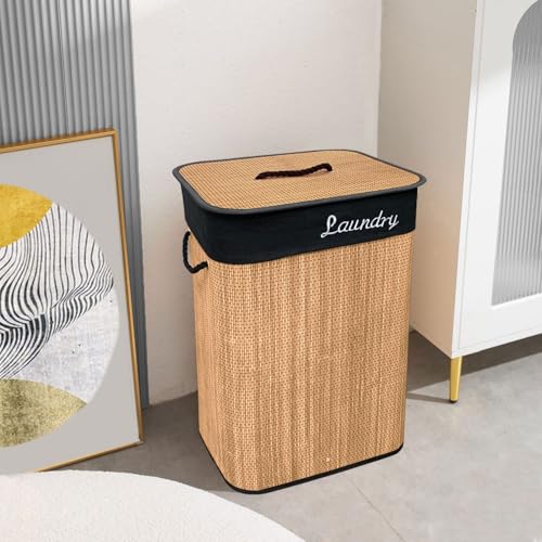 Image of LUXE HOME INTERNATIONAL Rectangle Bamboo Laundry Basket with Lid | Eco-Friendly, Foldable & Lightweight Organizer (Natural, 40x30x60 cm, Pack of 1)