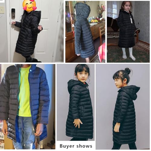 Image of Boys Girls Long Lightweight Hooded Puffer Jacket Packable Autumn and Winter Long Down Coats