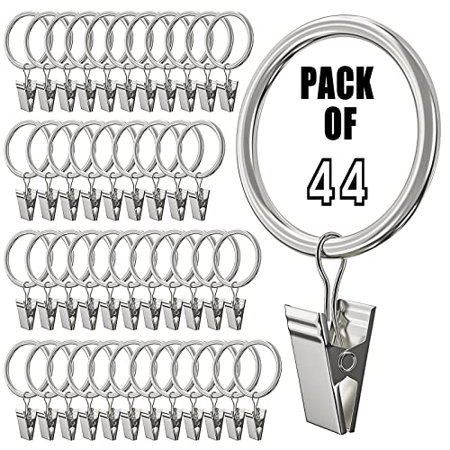 Image of Homyplaza 44 Pack Silver Curtain Rings with Clips, Curtain Hooks for Hanging, Heavy Duty Drapery Rings, Polish Rustproof Curtain Clips Hangers for Drapes, 1.26" Interior Diameter, Fits up to 1" Rods