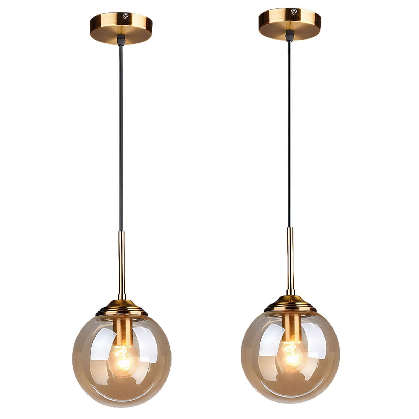 Lfsem Amber Gold Pendant Light Fixture With 15Cm Glass Globe Shade, Industrial Vintage E27 Adjustable Hanging Ceiling Lamp For Dining Room Bedroom Kitchen & Cafe (, 2 Pack)