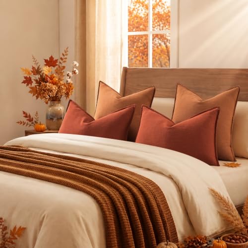 Image of decorUhome Fall Light Rust Linen Throw Pillow Covers 22x22 Set of 2