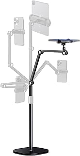 ipad Holder Stand Floor, Tablet Phone Overhead Stand, Cantilever Design, Height & 360 Degree Angle Adjustable, Compatible with 3.5＂-12.9＂Cellphone, Tablet, iPhone, iPad Pro Air Mini, Tablet, Kindle