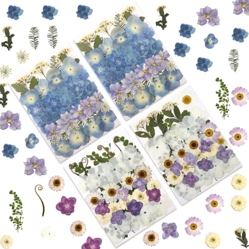 LUXEEASE 140 Pcs Dried Pressed Hydrangea Flowers for Crafts Real Natural Blooms in Blue Pink & White Tones with Foliage Accents Perfect for Resin Art DIY Jewelry & Home Decor Tweezers Included