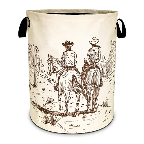 Image of Western Cowboy Laundry Basket Desert Horse Foldable Oxford Cloth Funny Tote Bag Laundry Hamper Clothes Storage Bucket Organizer For Bathroom/Laundry Storage/Bedroom 18.9x16.5 Inch