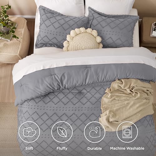 Image of Bedsure Twin XL Comforter Set - Grey Comforter, Boho Tufted Distressed Vintage Bedding for Kids, 2 Pieces Farmhouse-Style Bed Set for All Seasons, Fluffy Soft Bedding with 1 Pillow Sham