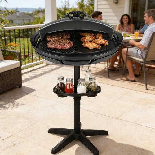 I-Keukenn Indoor & Outdoor Electric Grill, Portable BBQ with Non-Stick Baking Pan, 1500W Power & Intelligent Temperature Control, Removable Stand for Balcony Backyard Camping Party, Gray