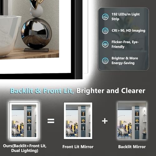 Image of 28x32 Black Framed LED Bathroom Mirror with Lights, Backlit and Front Lit Anti-Fog Lighted Vanity Mirror for Bathroom Wall, Dimmable, 3 Colors, Memory, Shatter-Proof, HD Tempered Glass, CRI 95