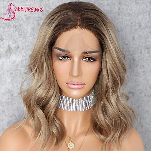 Sapphirewigs Short 8 Color Dark Roots Ombre 22/613/16 Mix Brown Color 180 High Density Water Wave Heat Resistant Hair Blogger Daily Makeup Glueless Synthetic Lace Front Wedding Party Wigs