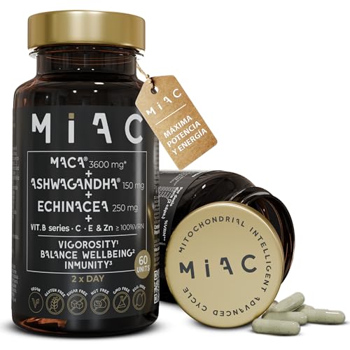 MIAC Maca + Ashwagandha Sensoril™ + Echinacea. Energía, Bienestar e Inmunidad con Vitaminas y Adaptógenos. 60 Cápsulas Veganas, Sin Gluten ni OGM