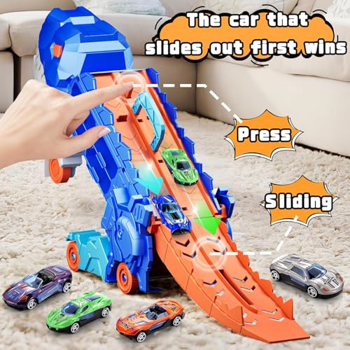 Image of PLUSPOINT Big Dinosaur Track Toy, with Foldable Sliding Race Track,Transformable Into Standing Dinosaur Transporter City with 6 car Toddler Toys Gifts for Kids Ages 3+Years Old