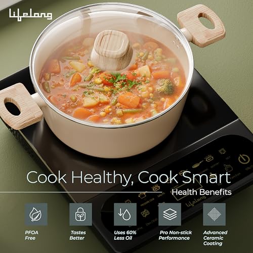 Image of Lifelong Forged Casserole 24 cm with Non-Riveted Wooden Handle & Glass Lid | Ceramic Coated | 4.4L Capacity Serves 5-6 | for Curries, Dal & Pulao | Induction & Gas Compatible | PFOA-Free Non-Stick