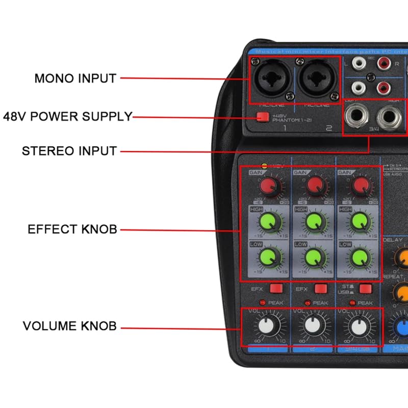 Console de mixage 4 canaux avec interface XLR 6,35 mm et entrée ordinateur USB MP3