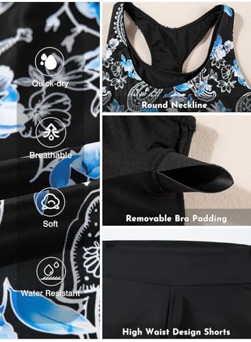 Aleumdr Womens Tankini Swimsuits Athletic Three Piece Tummy Control Bathing Suits with Shorts Modest Swimsuits for Women Black Floral X-Large