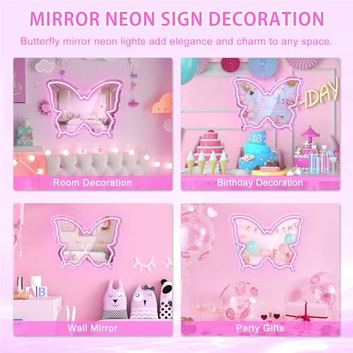 Image of Butterfly Neon Sign Mirror, LED Neon Sign for Wall Decor, 15.7'' x 12'' Dimmable Neon Light for Teen Girls & Kids Birthday Party Gift, Neon Signs for Girl Room Decor, Wall Mirror, USB Powered (Pink)