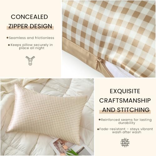 Image of THXSILK Set of 2 Mulberry Silk Pillowcase for Hair and Skin, Cooling Bed Pillow Cover with Hidden Zipper, Soft Smooth Print Silk Pillowcase Gifts for Women Men Standard 20 inchx26 inch, Khaki Plaid