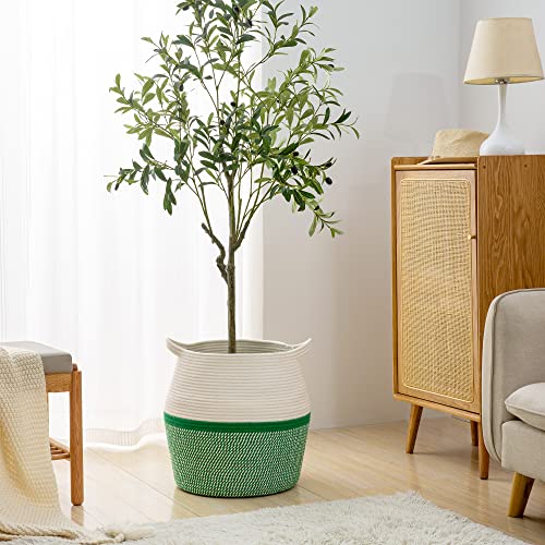 Kakamay Woven Baskets For Storage(17"X17"),Large Cotton Rope Basket Woven Baby Laundry Hamper,Collapsible Laundry Basket, Blanket Basket For Organizing Living Room,Nursery,Pillows,Toy Chest(Green) #TOP4