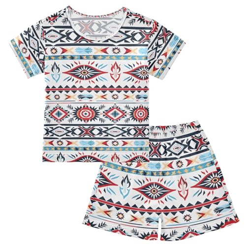 ALAZA American Indian Aztec Tribal Pajamas Set Short Sleeve Cotton Sleepwear Summer Pjs 2 Piece 5-14Y