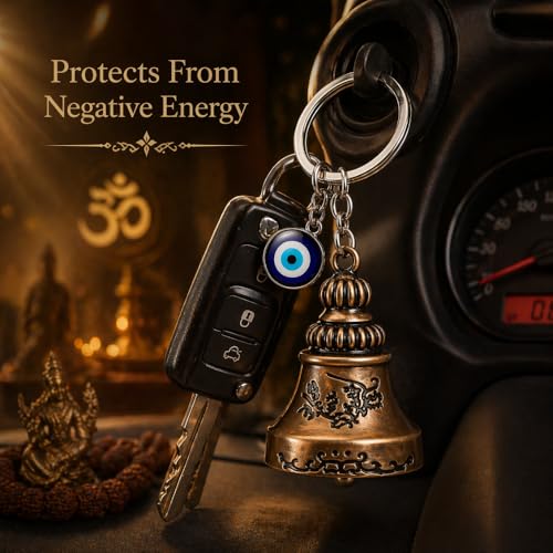 Image of Guardian Bell for Bike Riders, Guardian Bell Keychain with Evil Eye Charm, Metal Lucky Travel Amulet for Car Keys, Meaningful Gift for Men and Women (Antique Brass)