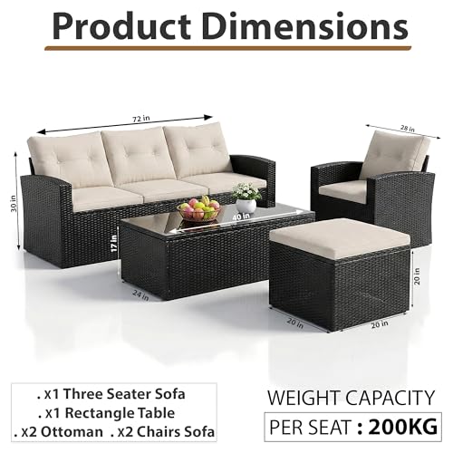 Image of OUTLIVING 6 Piece Outdoor Conversation Set | All Weather Wicker Sectional Sofa with Cushioned Ottoman and Glass Top Table | Ideal for Garden, Deck, Porch, Patio and Poolside (Black & White)