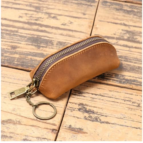 Mens Genuine Leather Coin Purse Metal Hook Key Ring Zipper Wallet Coin Holder Key Chain (Brown)4