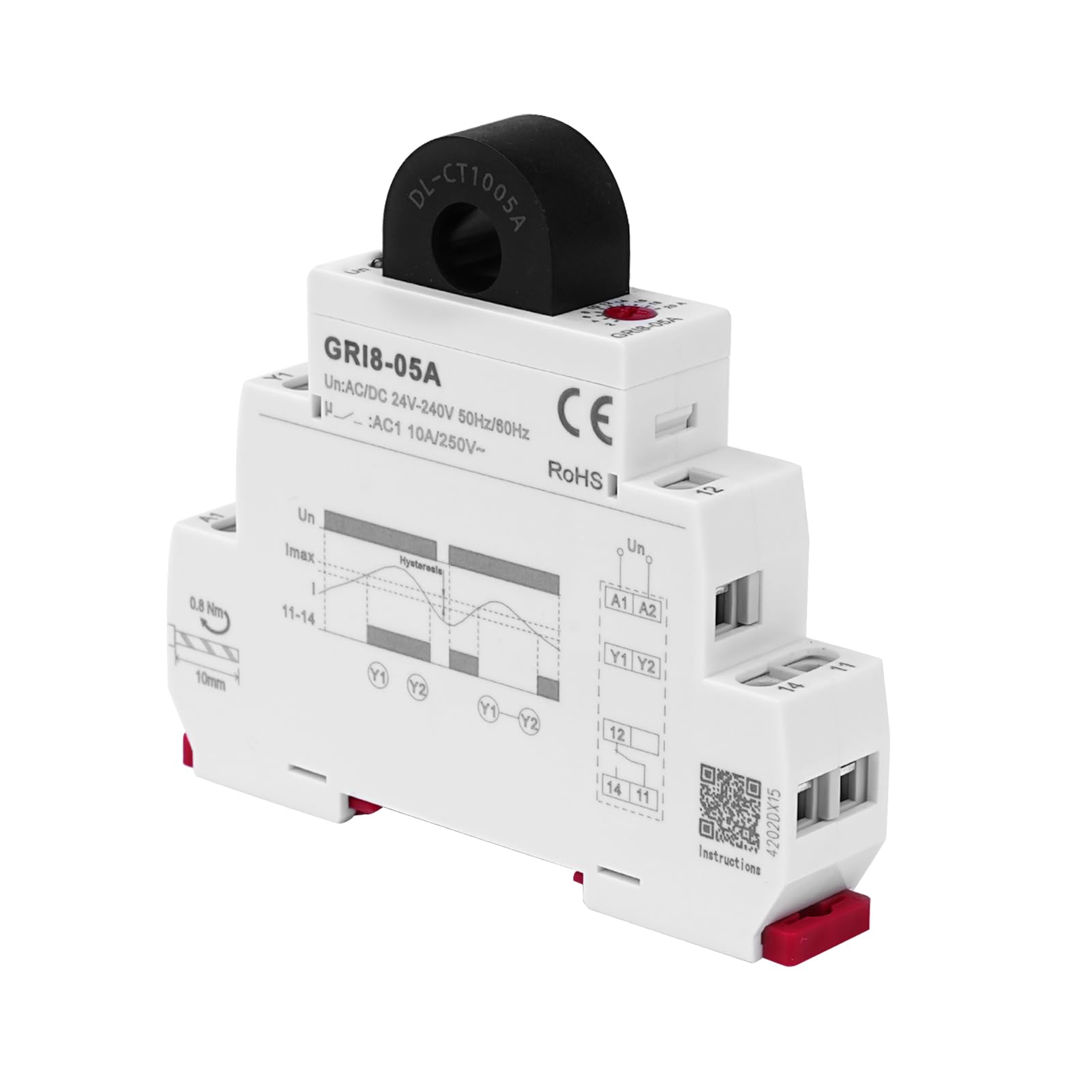 Jadeshay Relè Protezione Sovraccarico GRI8-05A Protettore Sovratensione Sottotensione a Foro Passante Monitoraggio Corrente AC 2A-20A Regolabile AC/DC 24-240V Guida DIN