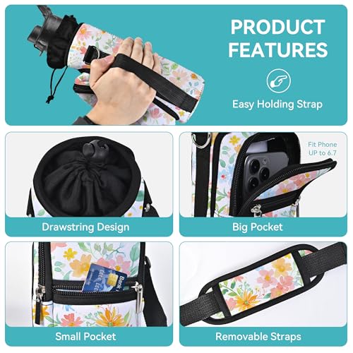 AUPET Water Bottle Sling Bag Sleeve Holder Carrier 25/32/40/64 oz,Insulated Crossbody Water Bottle Case Cover with Strap and Pockets for Men/Women Walking Hiking (Vibrant Spring Floral, 25oz)