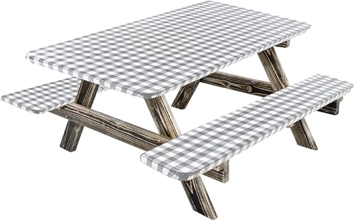 NewBeeclassic Juego de 3 manteles de vinilo para picnic y fundas de banco, impermeable, para mesa de picnic y banco para interiores y exteriores,