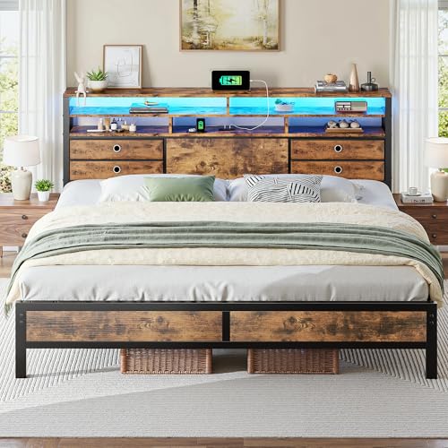 Image of Homkdom King Bed Frame with 3-Tier Storage Headboard & 4 Fabric Drawers, Metal Platform Bed Frame with LED Light & Charging Station,Noise-Free,No Box Spring Needed,Easy Assembly,Rustic Brown
