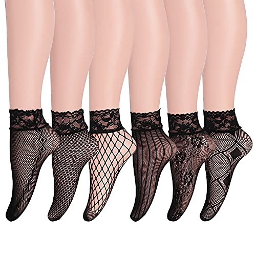 Lamdgbway 6 Pares De Calcetines Tobilleros De Encaje Para Mujer, Medias Cortas De Rejilla, Negro 4 Cover