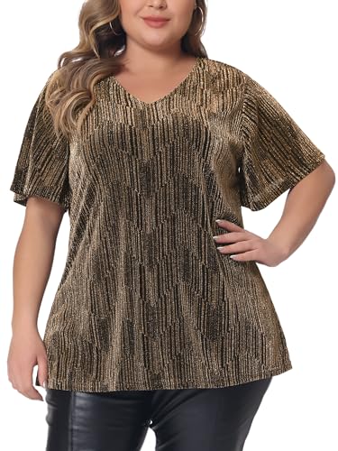 Agnes Orinda Plus Size Metallic Tops for Women V Neck Short Sleeve T-Shirt Party Top Glitter Blouses