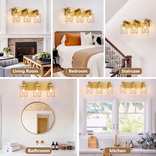 Image of Bathroom Light Fixtures, 3 Light Brushed Gold Wood Vanity Lights