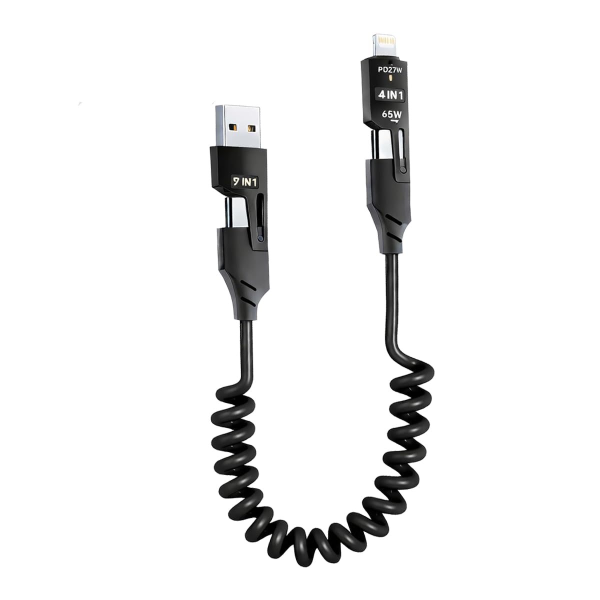 4’ü 1 Arada 65W Yaylı Hızlı Şarj Kablosu Type-C & Lightning PD Destekli, Dolaşmaz Spiral Tasarım, 1.5m Uzayabilir, Araç & Ev Uyumlu Şarj ve Veri Kablosu (Siyah)