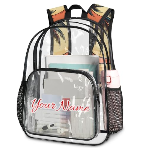 Personalized Large Clear Backpack Stadium Approved Heavy Duty PVC Plastic Custom Ocean Transparent Backpacks See Through Bag with Name, Palm Trees Beach Summer