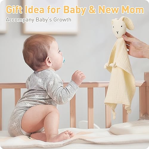 Image of Premium Soft Muslin Cotton Newborn Baby Loveys Security Blanket Muslin Soft & Breathable, Bunny & Lion Lovies for Baby New Born Boy Girl Unisex Baby Unique Neutral Presents for Babies Newborn Toddler